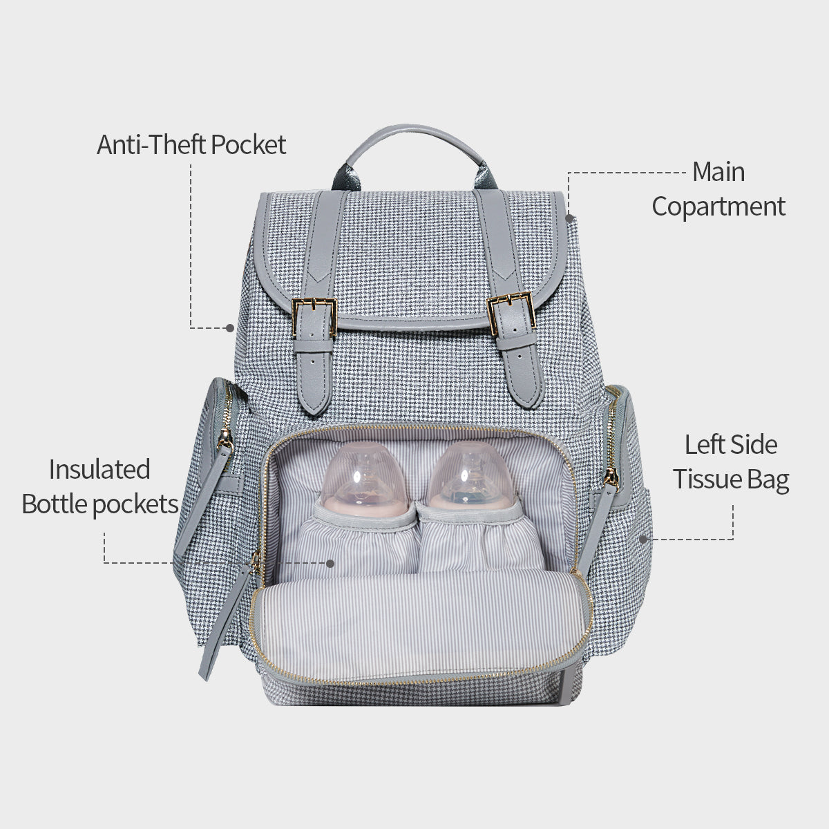 Tweed Diaper Backpack by Sunveno with Water-Resistant Design