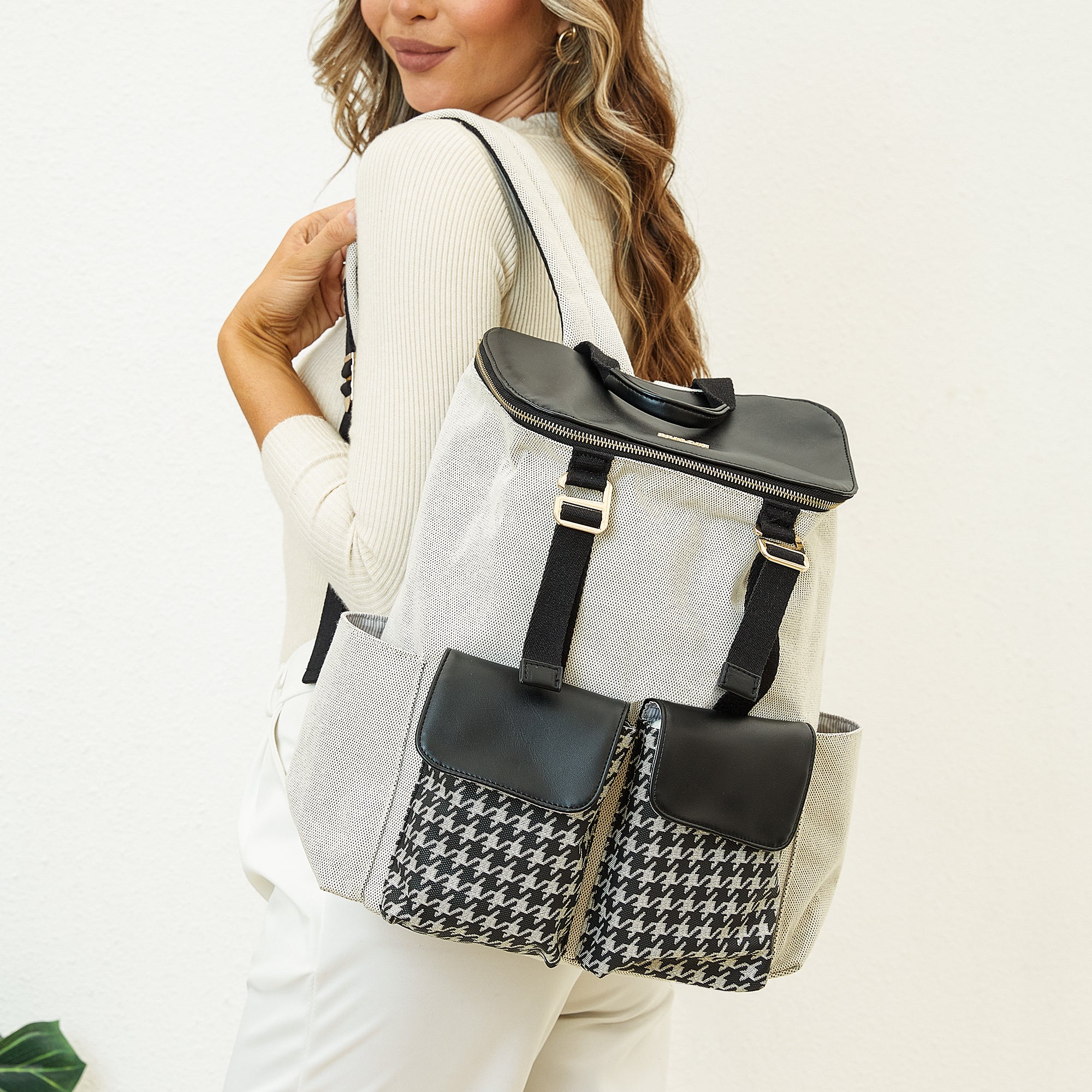 Houndstooth Diaper Backpack with Vegan Leather & Insulated Pockets